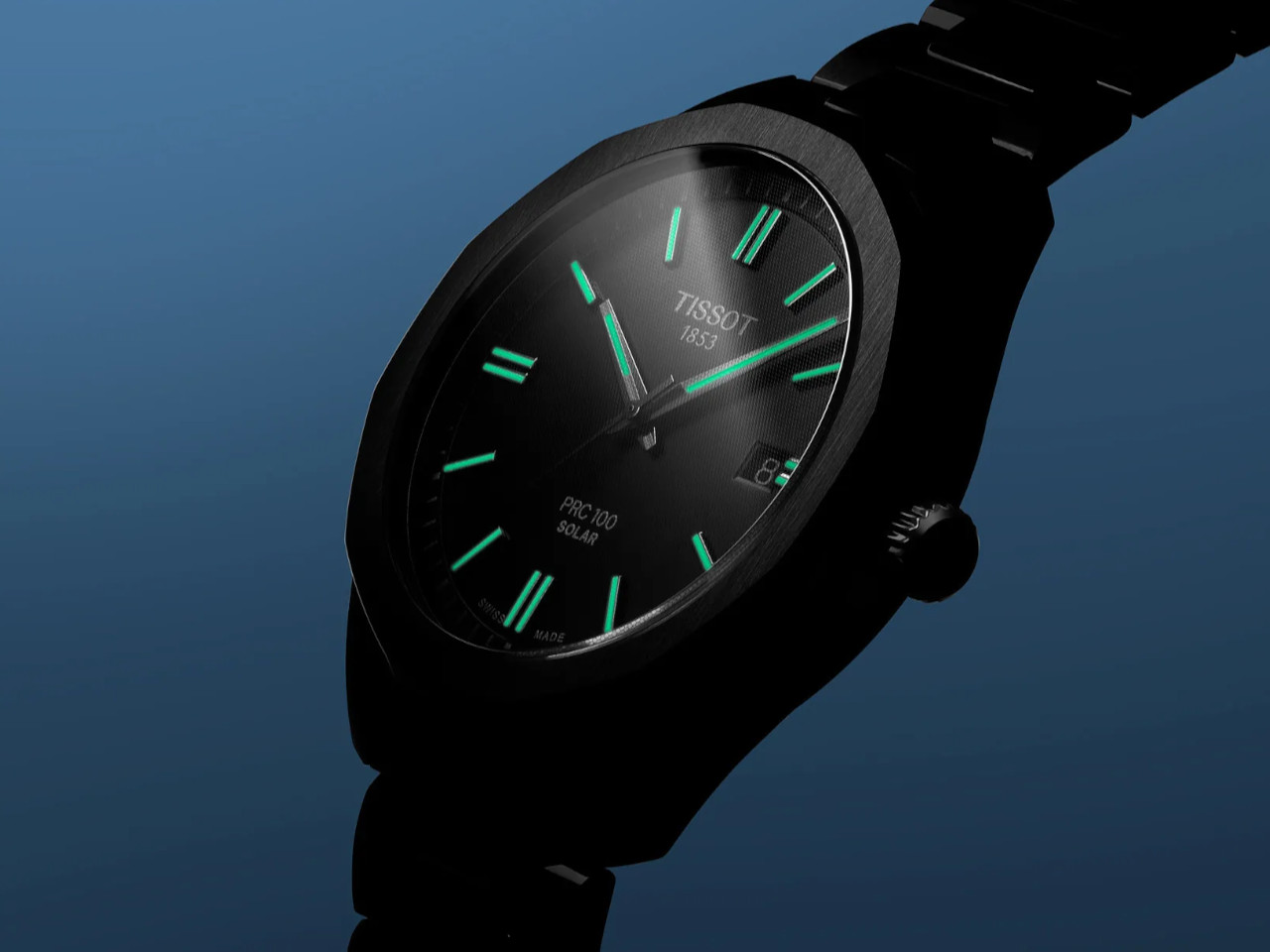 Tissot PRC100 Solar Quarz Edelstahl Schwarz-PVD 39mm schwarzes Zifferblatt Metallband im Dunkeln