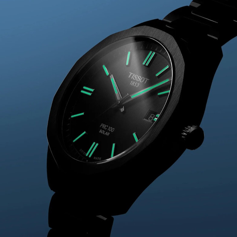 Tissot PRC100 Solar Quarz Edelstahl Schwarz-PVD 39mm schwarzes Zifferblatt Metallband im Dunkeln
