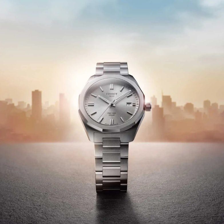 Tissot PRC100 Solar Quarz Edelstahl 39mm silberfarbenes Zifferblatt Metallband