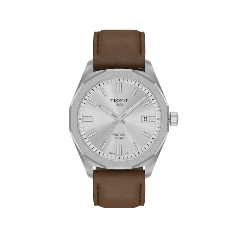 Tissot PRC100 Solar Quarz Edelstahl 39mm silberfarbenes Zifferblatt braunes Lederband