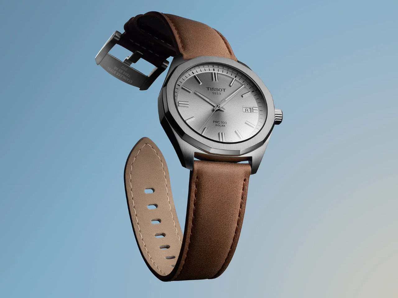 Tissot PRC100 Solar Quarz Edelstahl 39mm silberfarbenes Zifferblatt braunes Lederband