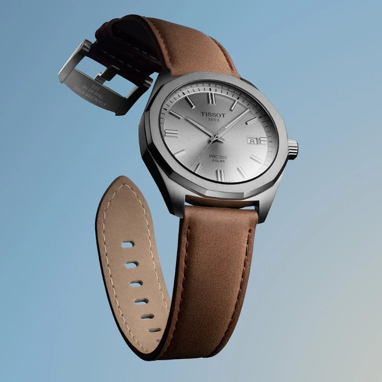 Tissot PRC100 Solar Quarz Edelstahl 39mm silberfarbenes Zifferblatt braunes Lederband