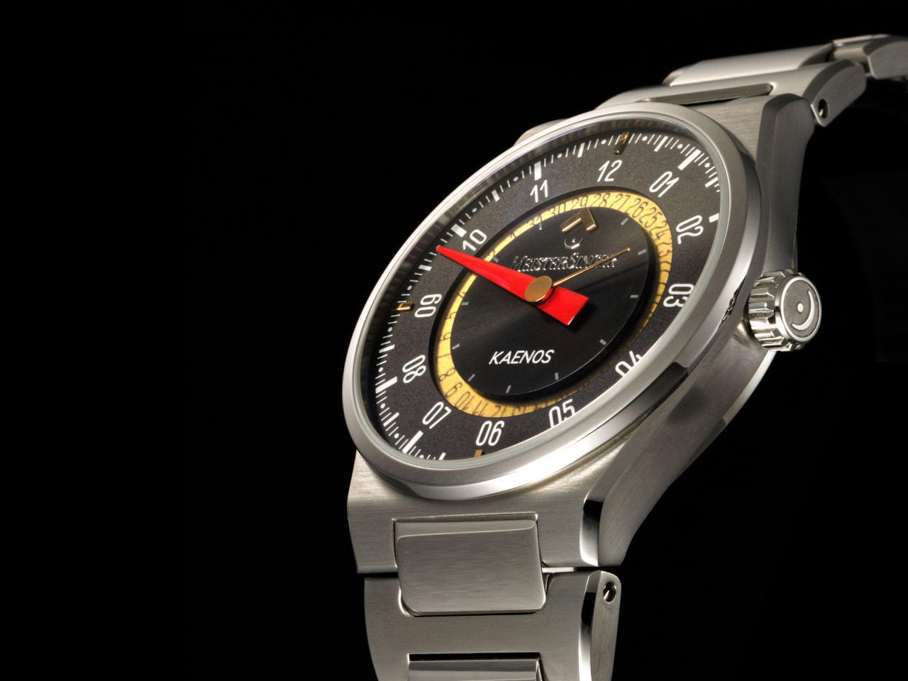 MeisterSinger X Alain Silberstein Edition Kaenos Open Date Automatik Edelstahl 40mm graues Zifferblatt Metallband Ansicht