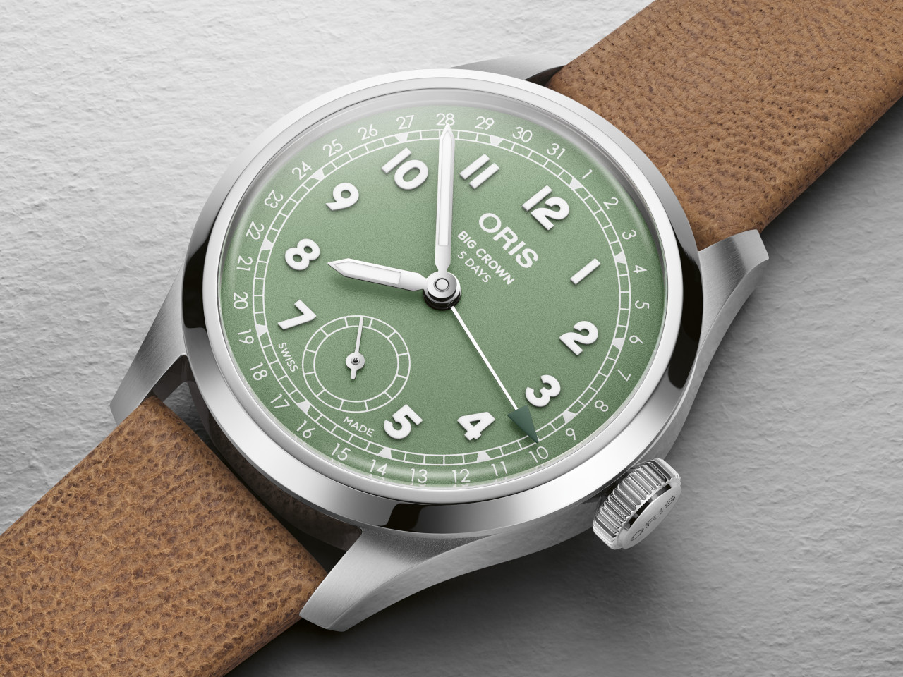 Oris Big Crown Pointer Date Calibre 403 Automatik Edelstahl 40mm grünes Zifferblatt braunes Lederband