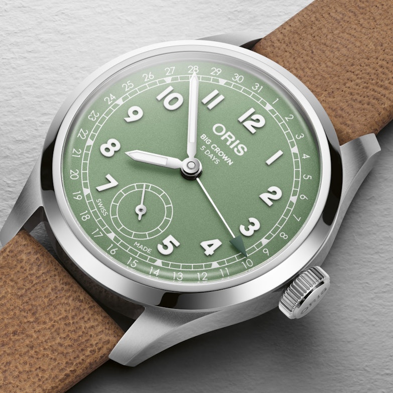 Oris Big Crown Pointer Date Calibre 403 Automatik Edelstahl 40mm grünes Zifferblatt braunes Lederband