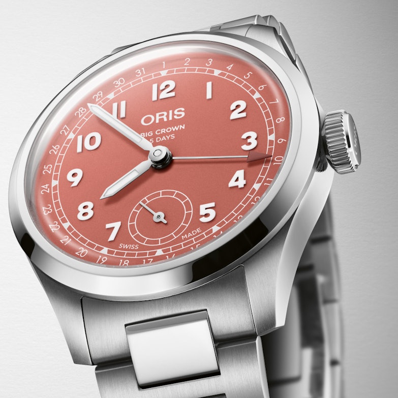 Oris Big Crown Pointer Date Calibre 403 Automatik Edelstahl 40mm rosa Zifferblatt Metallband