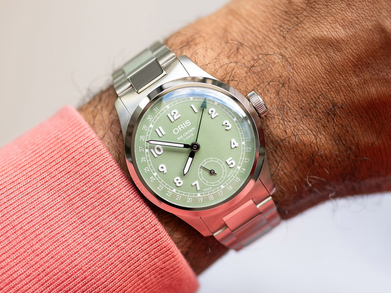 Oris Big Crown Pointer Date Calibre 403 Automatik Edelstahl 40mm grünes Zifferblatt Metallband