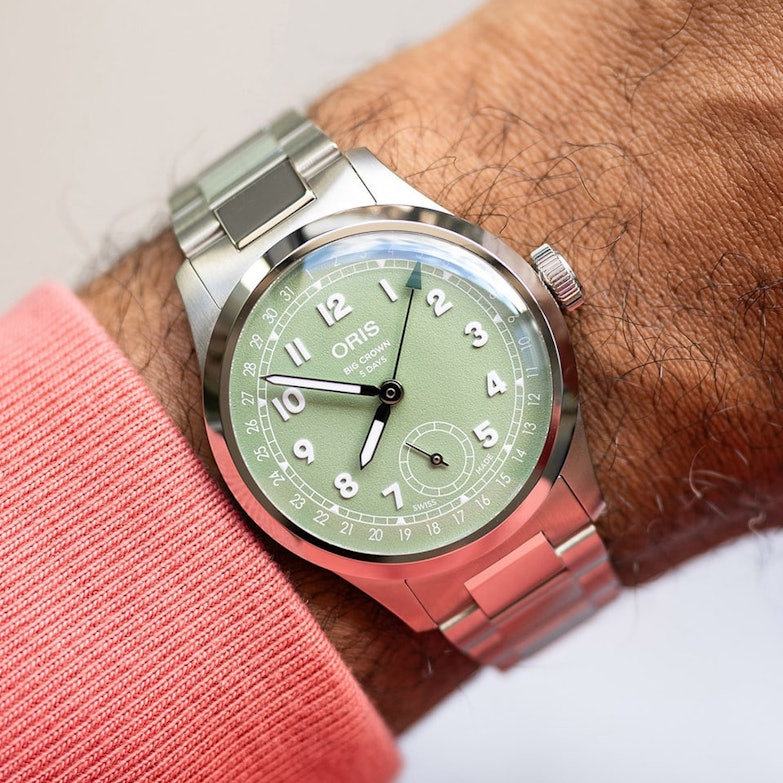 Oris Big Crown Pointer Date Calibre 403 Automatik Edelstahl 40mm grünes Zifferblatt Metallband