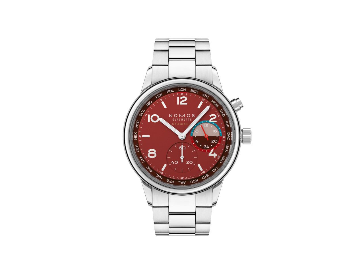 NOMOS Glashütte Club Sport neomatik Weltzeit "Magma" Automatik Edelstahl 40mm rotes Zifferblatt Metallband