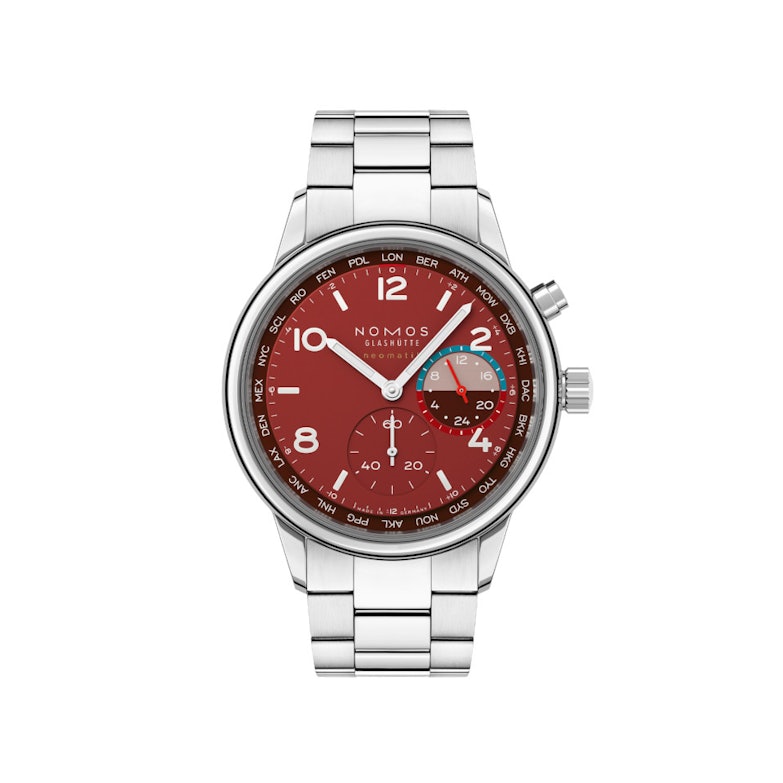 NOMOS Glashütte Club Sport neomatik Weltzeit "Magma" Automatik Edelstahl 40mm rotes Zifferblatt Metallband