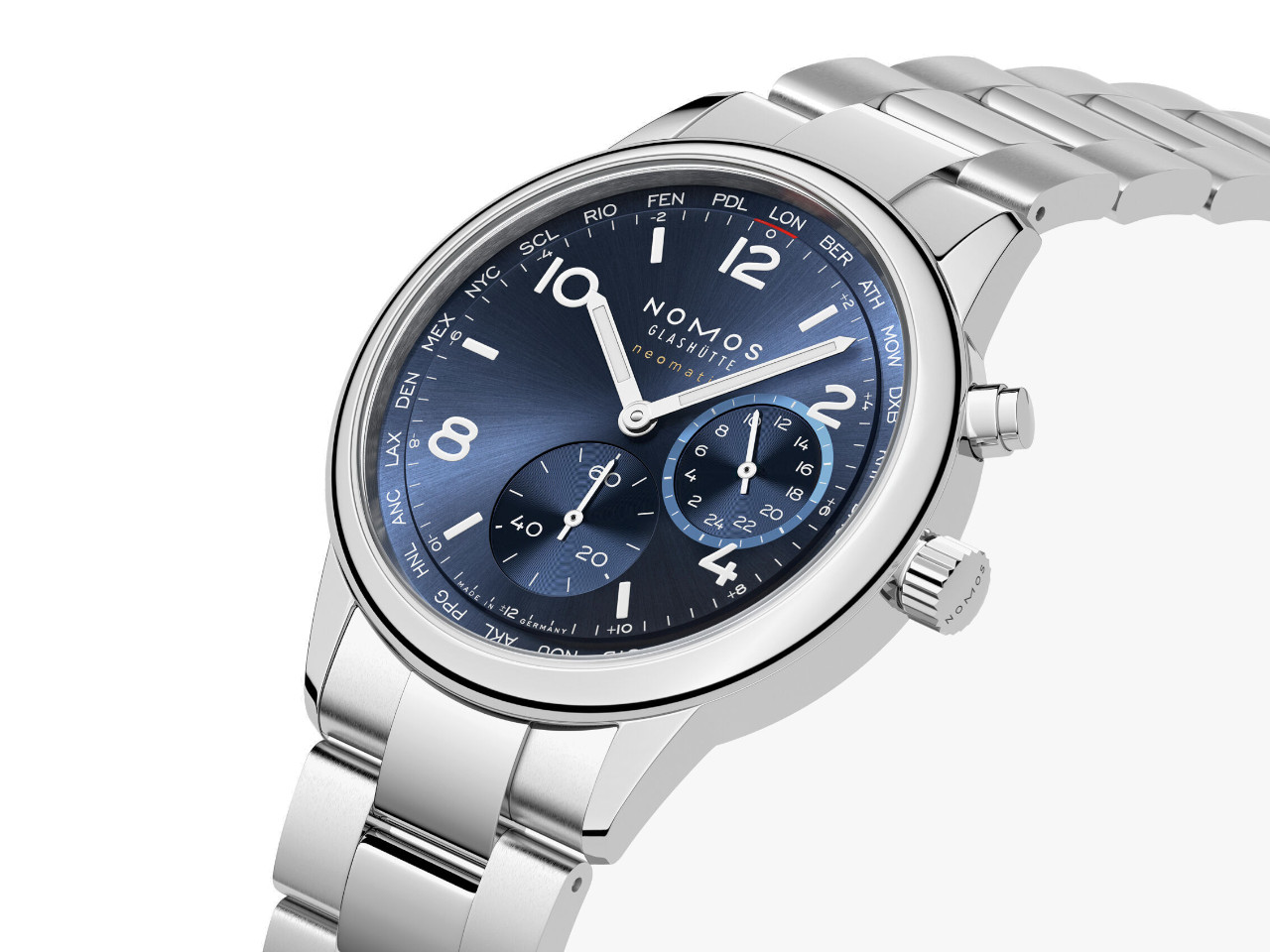 NOMOS Glashütte Club Sport neomatik Weltzeit Automatik Edelstahl 40mm blaues Zifferblatt Metallband