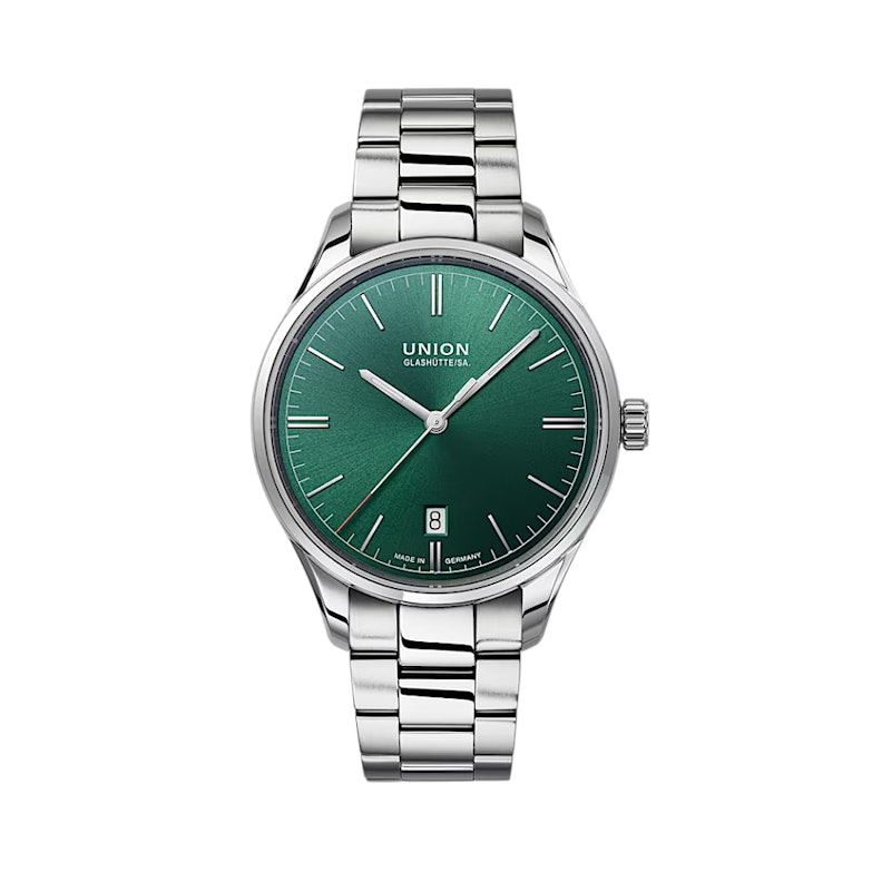 Union Glashütte Viro Datum Automatik Edelstahl 39mm dunkelgrünes Zifferblatt Metallband