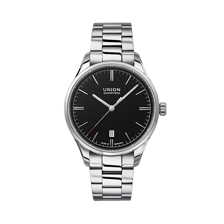 Union Glashütte Viro Datum Automatik Edelstahl 39mm schwarzes Zifferblatt Metallband