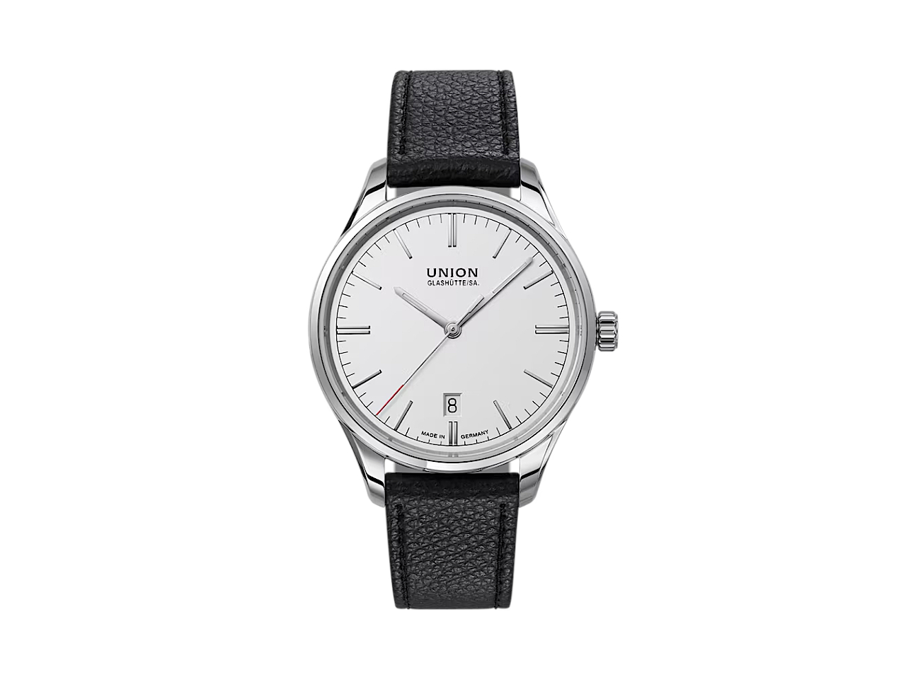 Union Glashütte Viro Datum Automatik Edelstahl 39mm silbernes Zifferblatt schwarzes Lederband