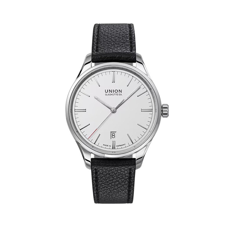 Union Glashütte Viro Datum Automatik Edelstahl 39mm silbernes Zifferblatt schwarzes Lederband