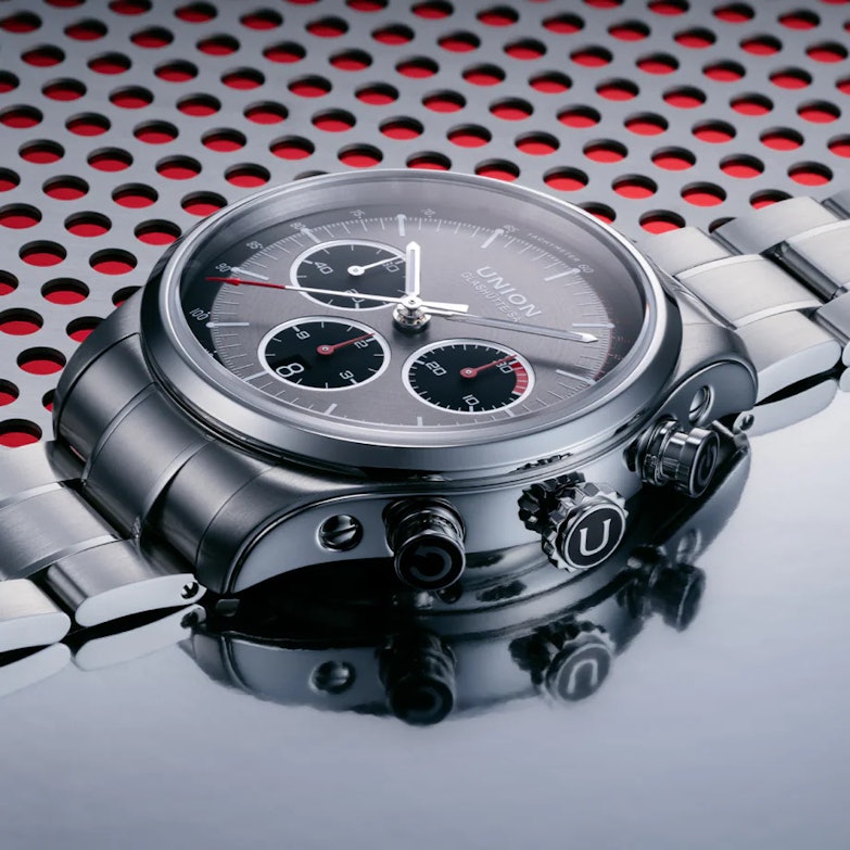 Union Glashütte Belisar Chronograph Automatik Edelstahl 44mm graues Zifferblatt Metallband