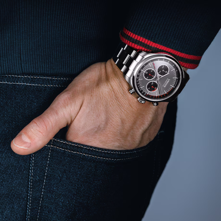 Union Glashütte Belisar Chronograph Automatik Edelstahl 44mm graues Zifferblatt Metallband