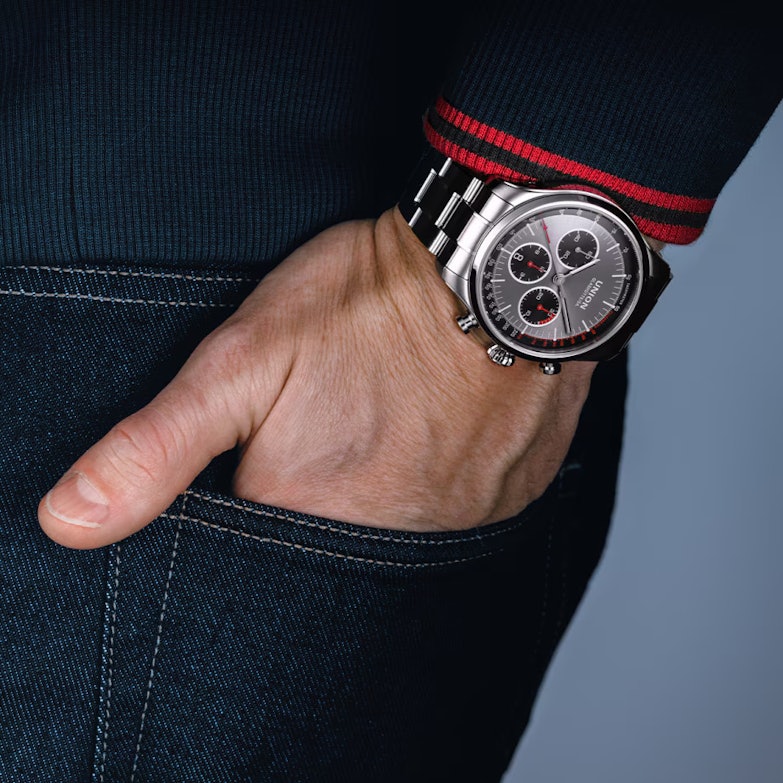 Union Glashütte Belisar Chronograph Automatik Edelstahl 44mm graues Zifferblatt Metallband