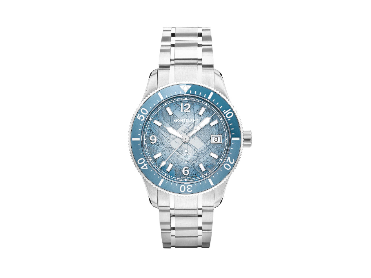 Montblanc 1858 Iced Sea Date 0 Oxygen Automatik Edelstahl 41mm blaues Zifferblatt Metallband