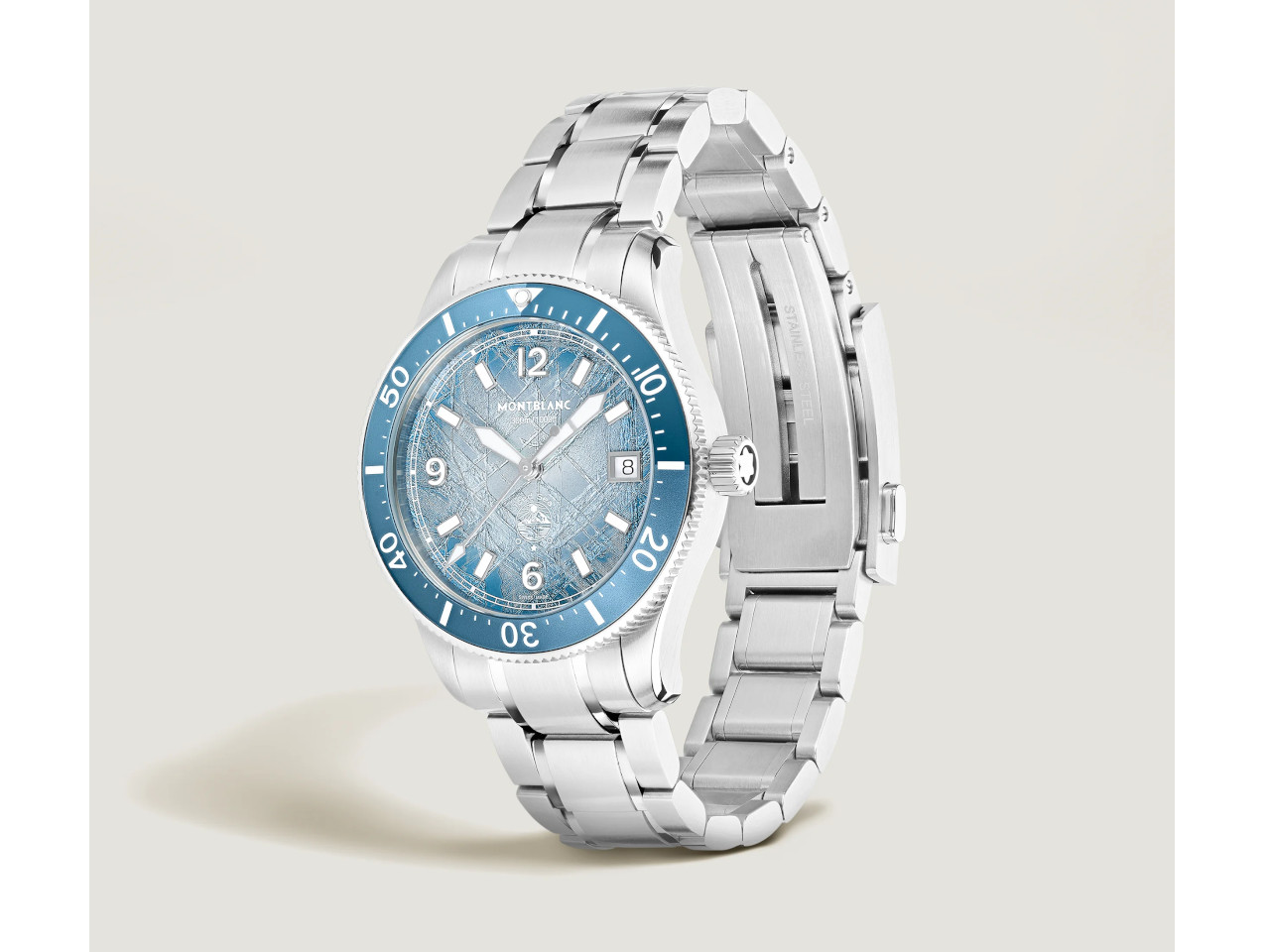 Montblanc 1858 Iced Sea Date 0 Oxygen Automatik Edelstahl 41mm blaues Zifferblatt Metallband
