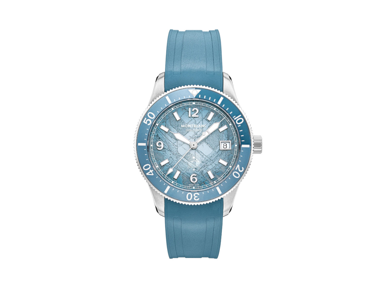 Montblanc 1858 Iced Sea Date 0 Oxygen Automatik Edelstahl 41mm blaues Zifferblatt blaues Kautschukband