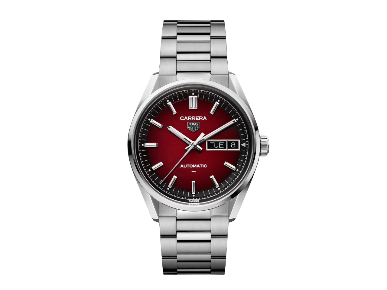 TAG Heuer Carrera Day-Date Automatik Edelstahl 41mm rotes Zifferblatt Metallband
