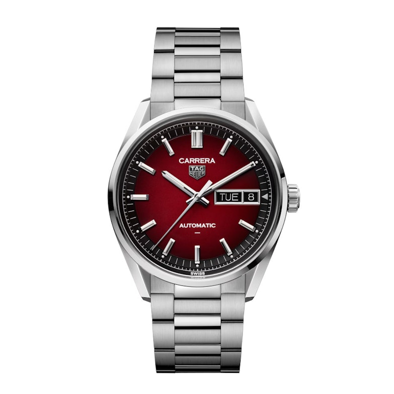 TAG Heuer Carrera Day-Date Automatik Edelstahl 41mm rotes Zifferblatt Metallband