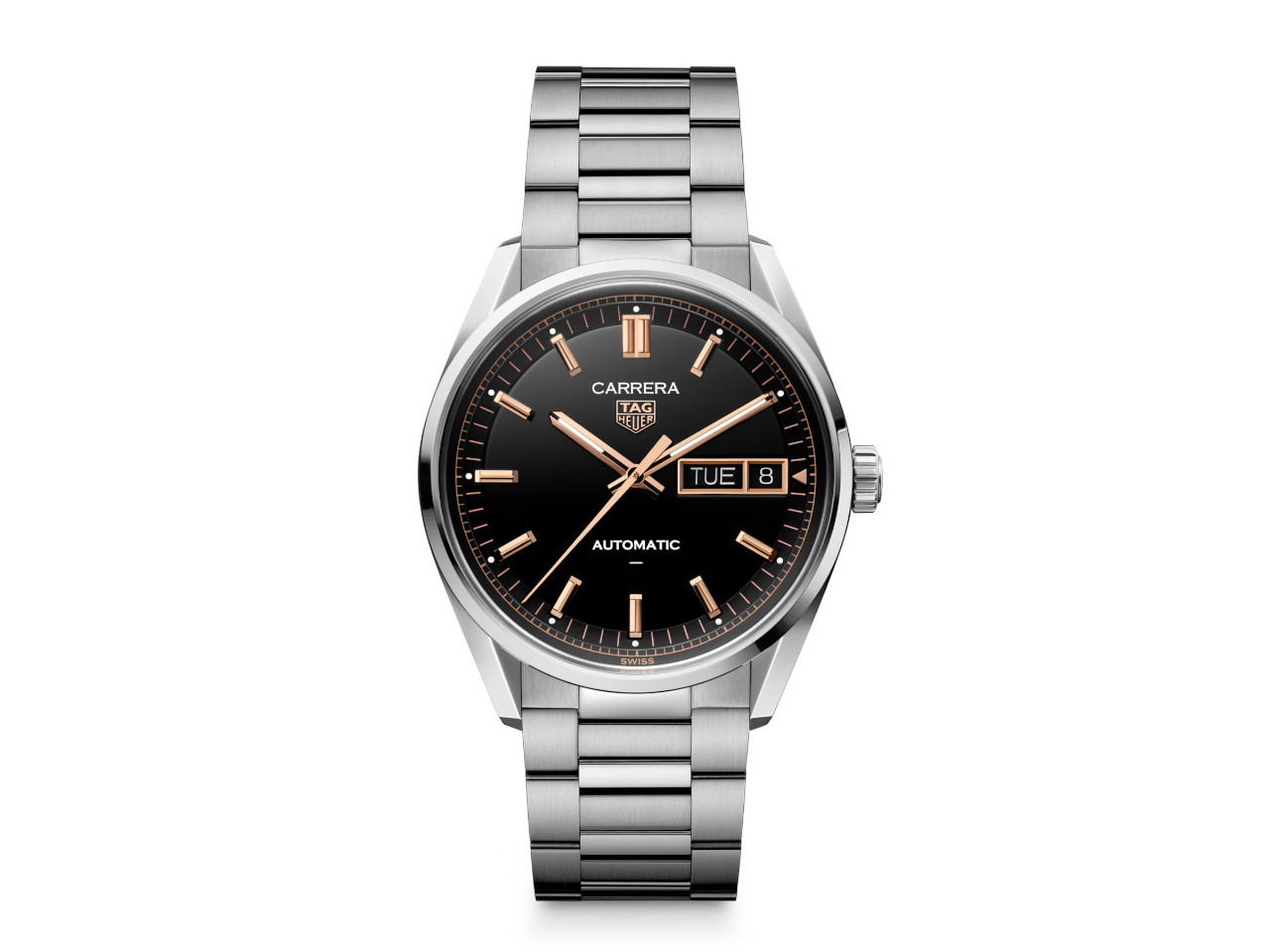 TAG Heuer Carrera Day-Date Automatik Edelstahl 41mm schwarzes Zifferblatt Metallband