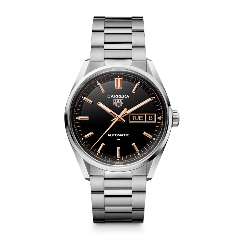 TAG Heuer Carrera Day-Date Automatik Edelstahl 41mm schwarzes Zifferblatt Metallband