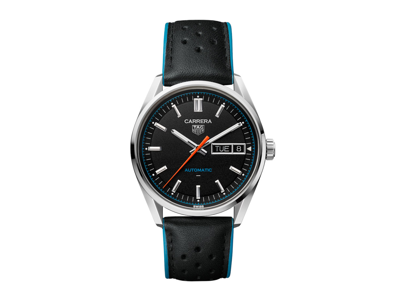 TAG Heuer Carrera Day-Date Automatik Edelstahl 41mm schwarzes Zifferblatt schwarzes Lederband