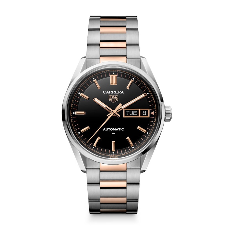 TAG Heuer Carrera Day-Date Automatik Edelstahl 41mm schwarzes Zifferblatt zweifarbiges Metallband
