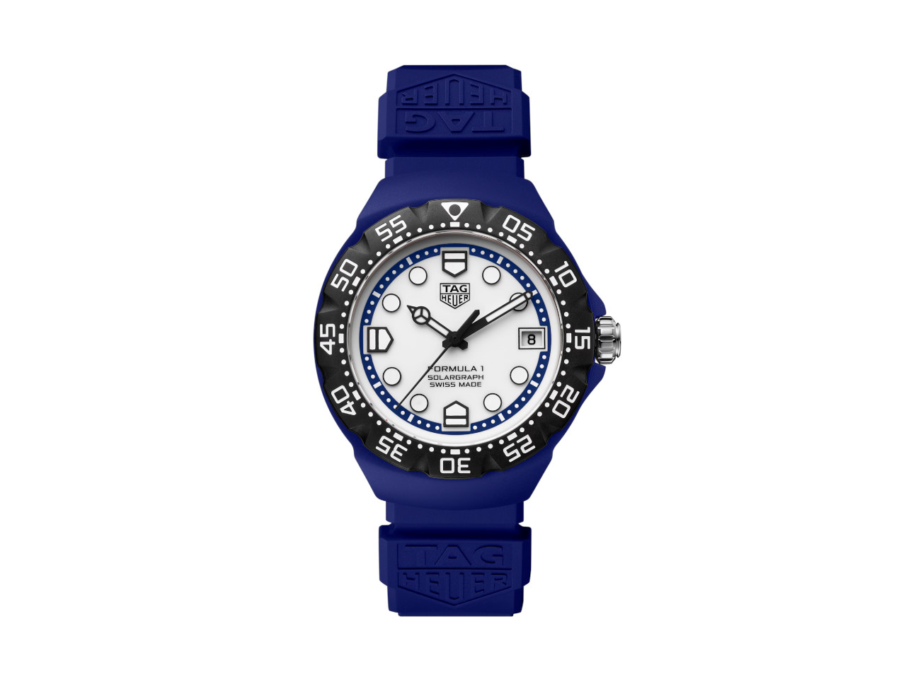 TAG Heuer Formula 1 Solargraph Quarz Edelstahl 38mm weißes Zifferblatt blaues Kautschukband