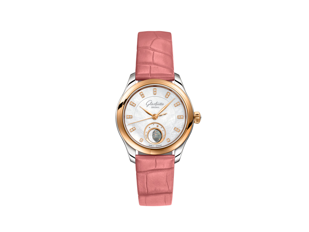 Glashütte Original Lady Serenade Luna Automatik Edelstahl 32,5mm weißes Zifferblatt pinkes Lederband