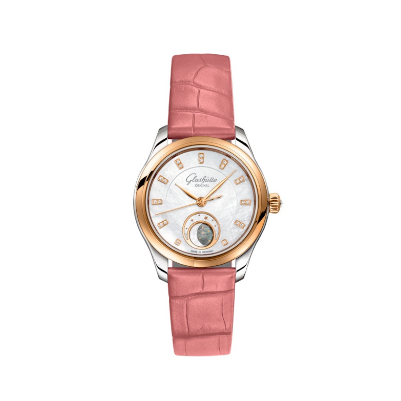Glashütte Original Lady Serenade Luna Automatik Edelstahl 32,5mm weißes Zifferblatt pinkes Lederband