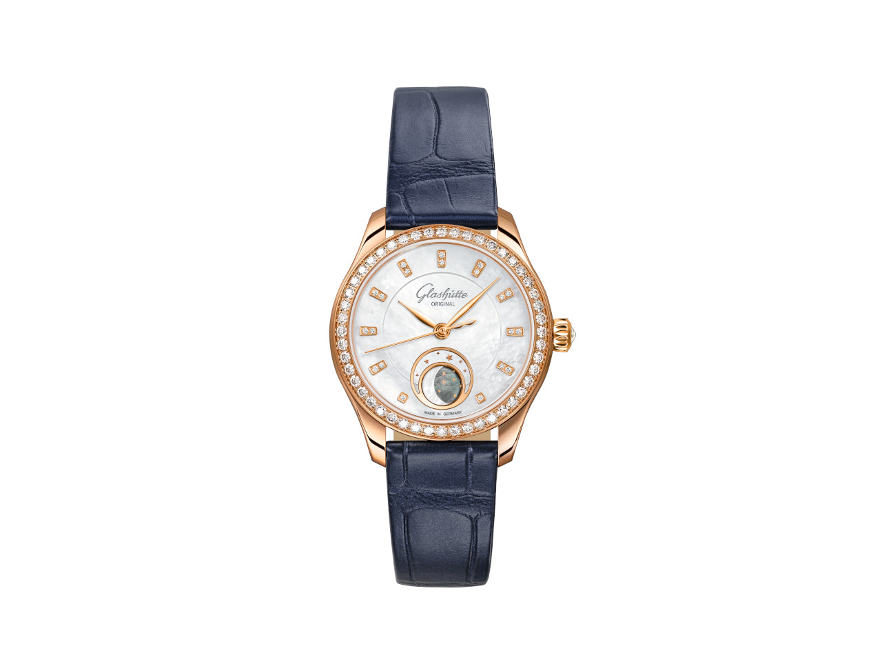 Glashütte Original Lady Serenade Luna Automatik Edelstahl 32,5mm weißes Zifferblatt blaues Lederband