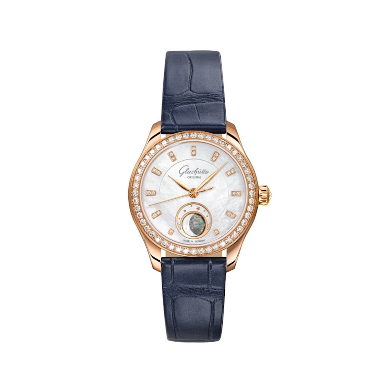 Glashütte Original Lady Serenade Luna Automatik Edelstahl 32,5mm weißes Zifferblatt blaues Lederband