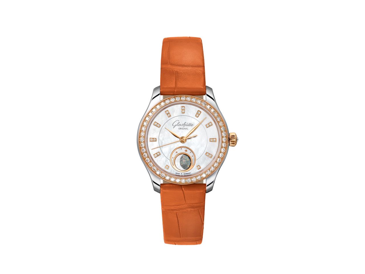 Glashütte Original Lady Serenade Luna Automatik Edelstahl 32,5mm weißes Zifferblatt oranges Lederband