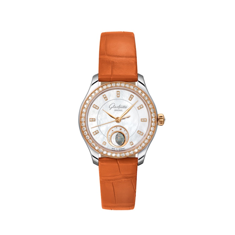 Glashütte Original Lady Serenade Luna Automatik Edelstahl 32,5mm weißes Zifferblatt oranges Lederband