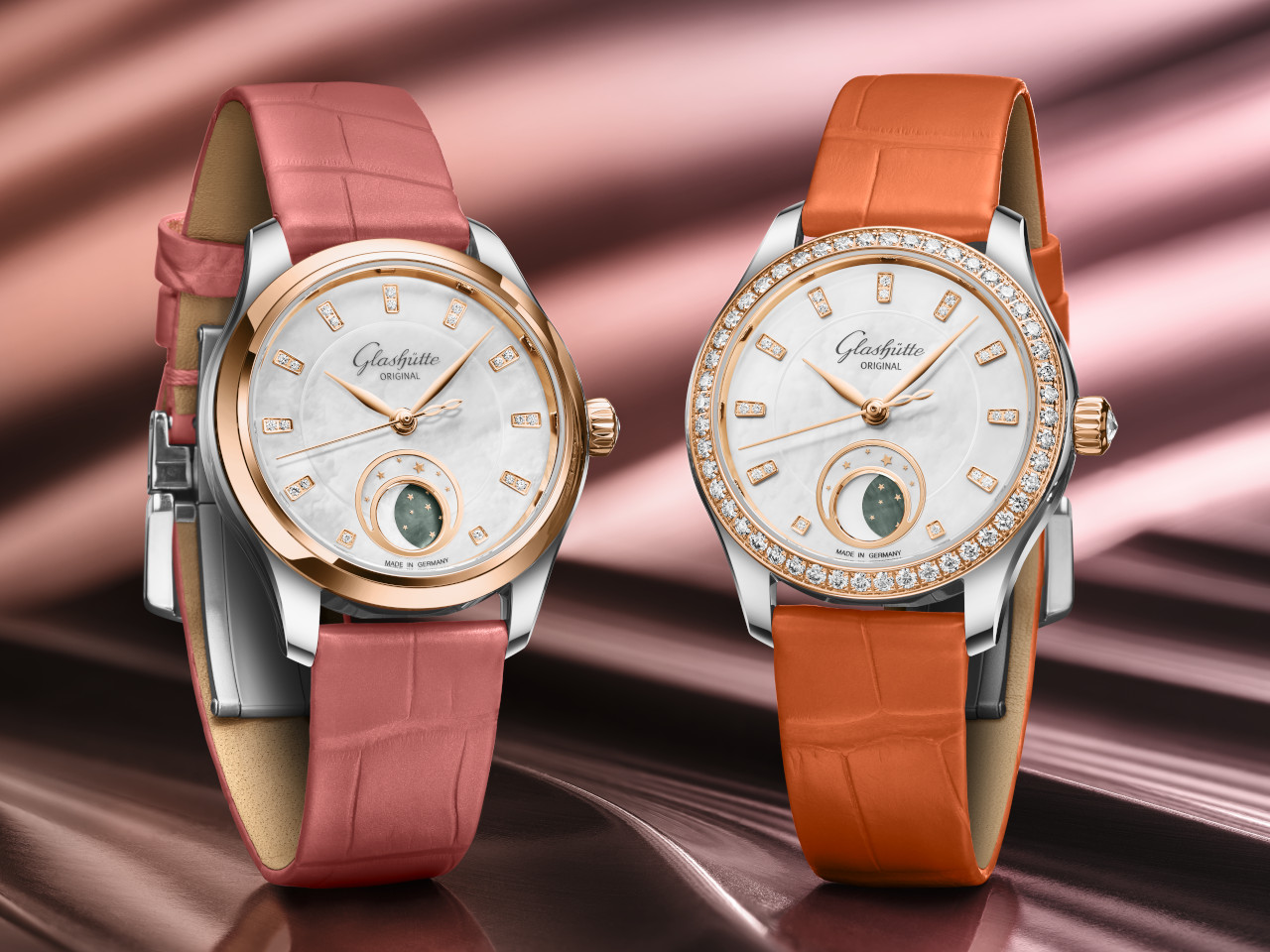 Glashütte Original Lady Serenade Luna mit pinkem und orangefarbenem Lederband
