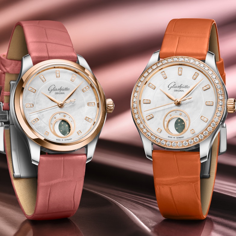 Glashütte Original Lady Serenade Luna mit pinkem und orangefarbenem Lederband