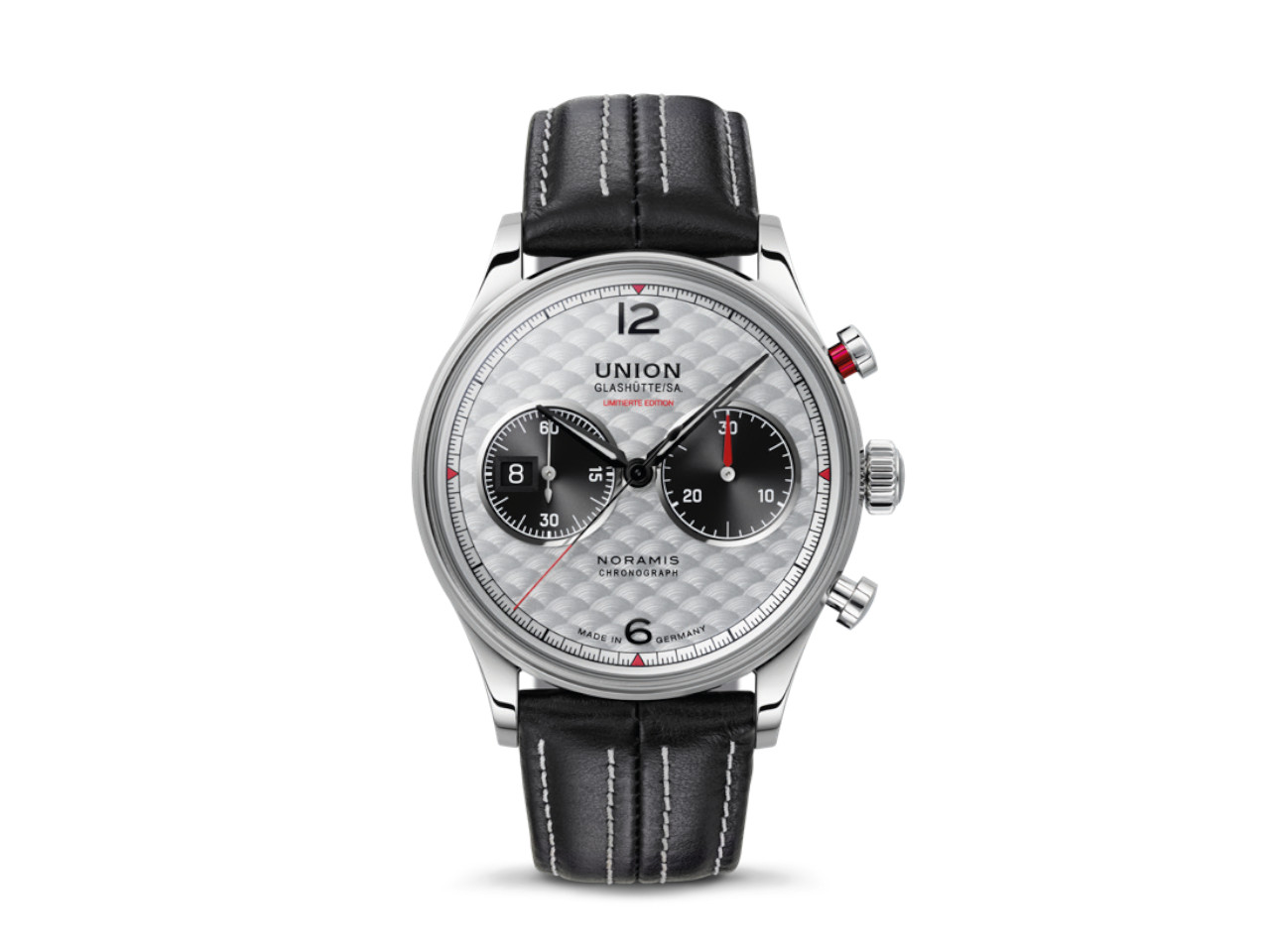 Union Glashütte Noramis Chronograph Sachsen Classic 2025 Limited Edition Automatik Edelstahl 42mm silberfarbenes Zifferblatt schwarzes Lederband