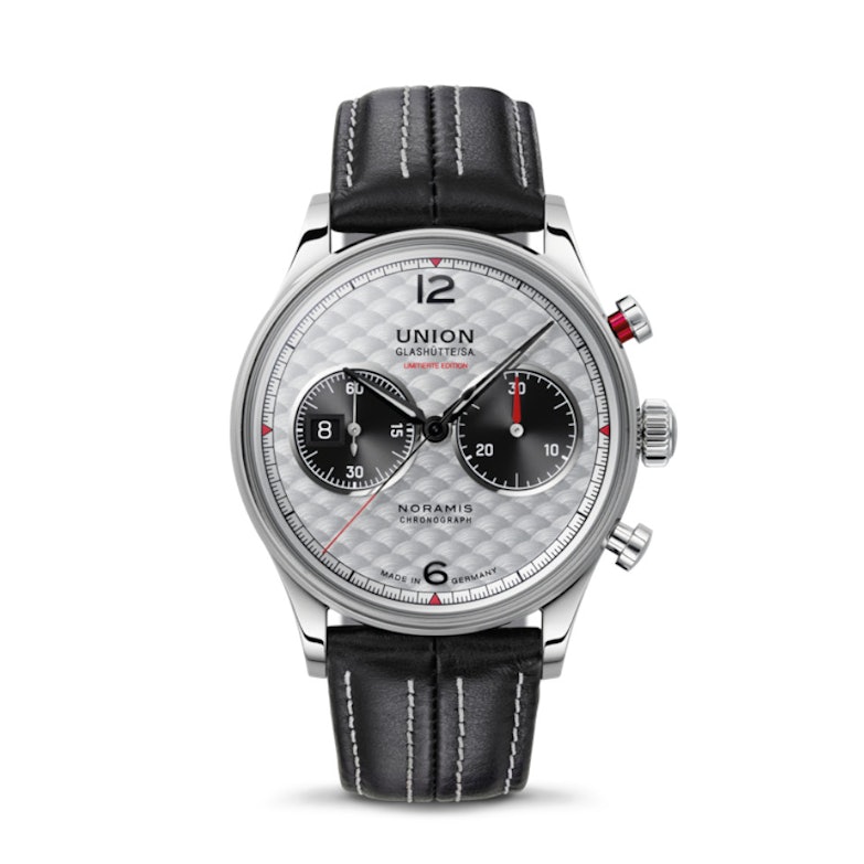 Union Glashütte Noramis Chronograph Sachsen Classic 2025 Limited Edition Automatik Edelstahl 42mm silberfarbenes Zifferblatt schwarzes Lederband