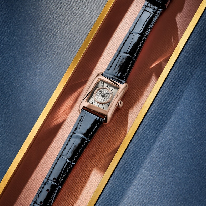 Frederique Constant Classics Carree Ladies Quarz Edelstahl 30x21mm weißes Zifferblatt mit Brillanten blaues Lederband