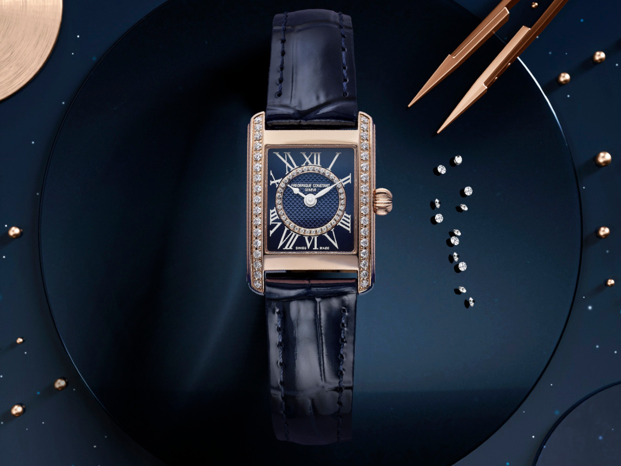 Frederique Constant Classics Carree Ladies Quarz Edelstahl 30x21mm blaues Zifferblatt mit Brillanten blaues Lederband