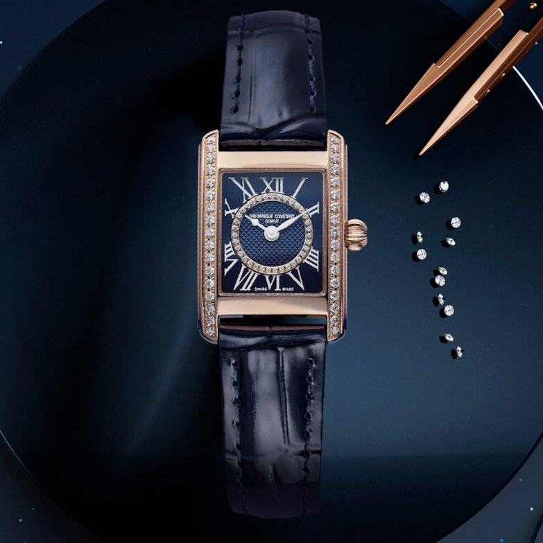 Frederique Constant Classics Carree Ladies Quarz Edelstahl 30x21mm blaues Zifferblatt mit Brillanten blaues Lederband