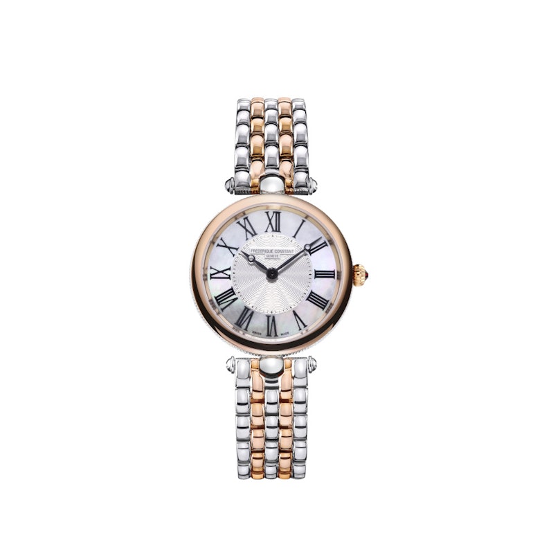 Frederique Constant Classics Art Deco Round Edelstahl 30mm weißes Zifferblatt zweifarbiges Metallband