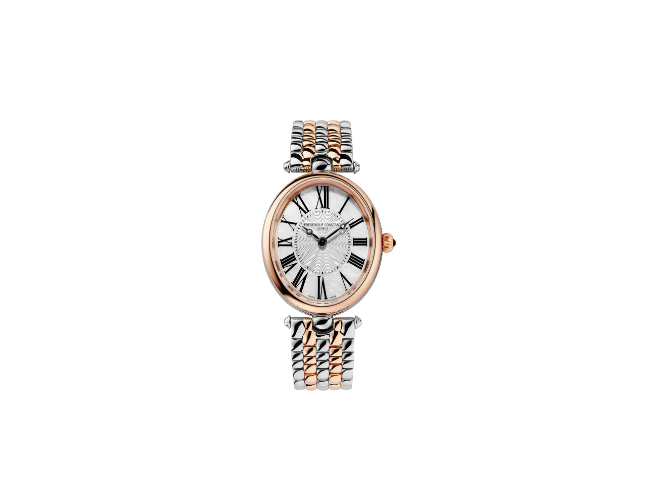 Frederique Constant Classics Art Deco Oval Quarz Edelstahl 30x25mm weißes Zifferblatt zweifarbiges Metallband