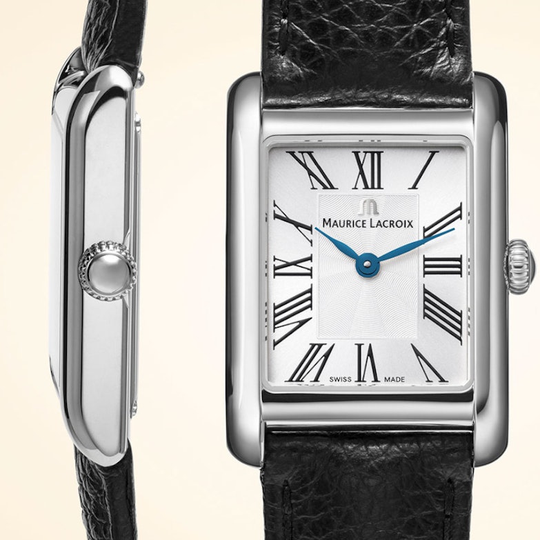 Maurice Lacroix Fiaba Square Quarz Edelstahl 24x34mm silbernes Zifferblatt schwarzes Lederband