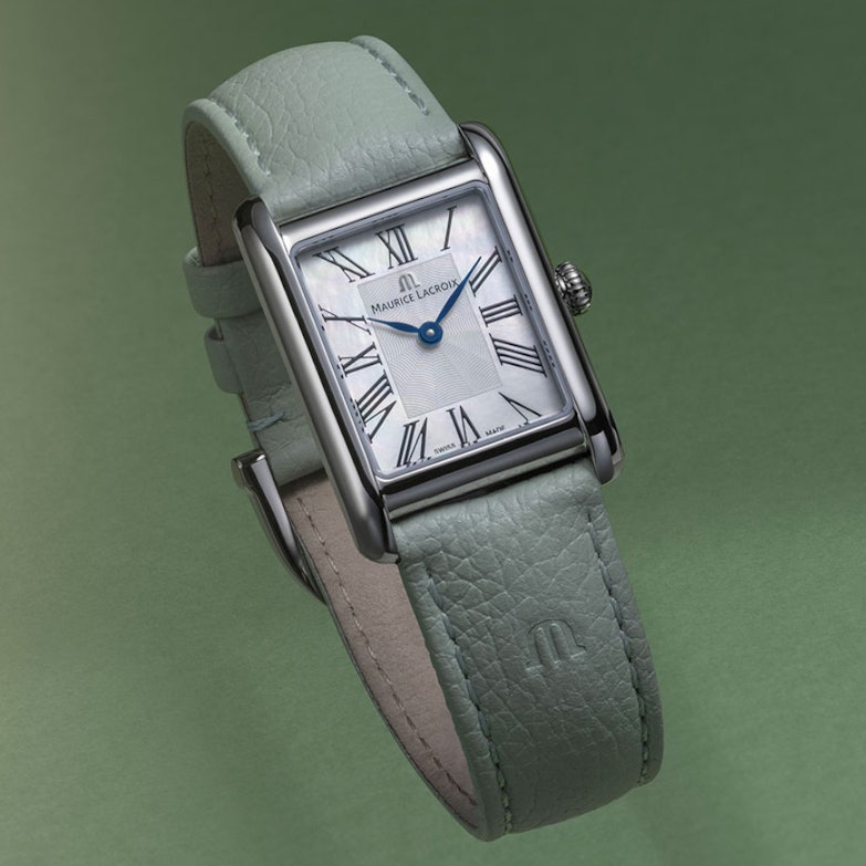 Maurice Lacroix Fiaba Square Quarz Edelstahl 24x34mm Perlmutt-Zifferblatt grünes Lederband