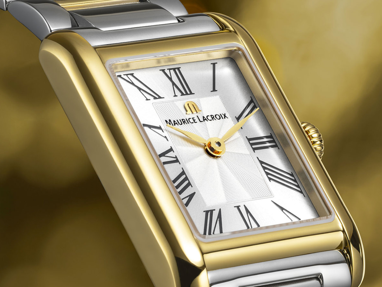 Maurice Lacroix Fiaba Square Quarz Edelstahl Gelbgold-PVD 24x34mm silbernes Zifferblatt zweifarbiges Metallband